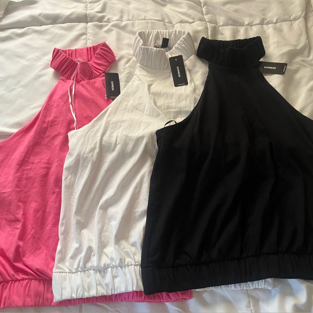 Express Trio of Halter Tops in Black, White, and Pink